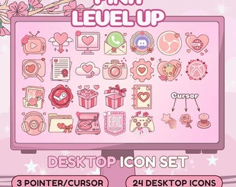 Pink Level Up Desktop Icons Cursors Pack Gamer Cozy Windows Mac Kawaii Gaming Setup