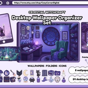 May include: A digital desktop wallpaper organiser set with a celestial witchcraft theme. The set includes 8 wallpapers and 24 desktop icons. The image shows a witch's room, a witch with a staff, and a forest scene with a campfire.