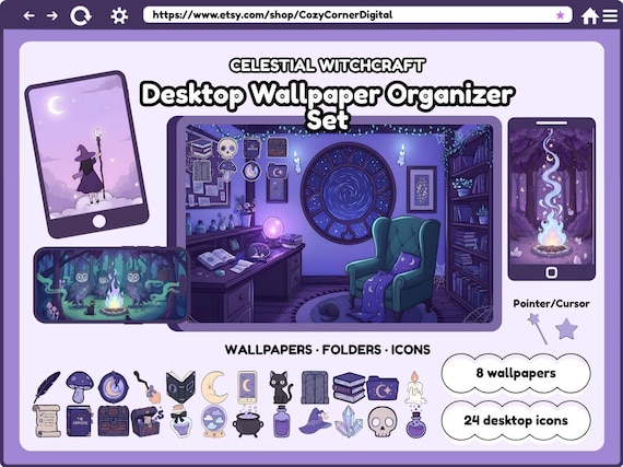 Celestial Witchcraft desktop wallpapers icons purple desktop organizer witchy kawaii background windows mac magic mystic moon goth pack