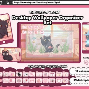 Pode incluir: Um conjunto organizador de papel de parede digital rosa com tema de gato. O conjunto inclui papéis de parede, pastas e ícones. A imagem mostra um gato em várias configurações, incluindo um telefone, tablet e aquário. O texto diz "THE LIFE OF A CAT Desktop Wallpaper Organizer Set."