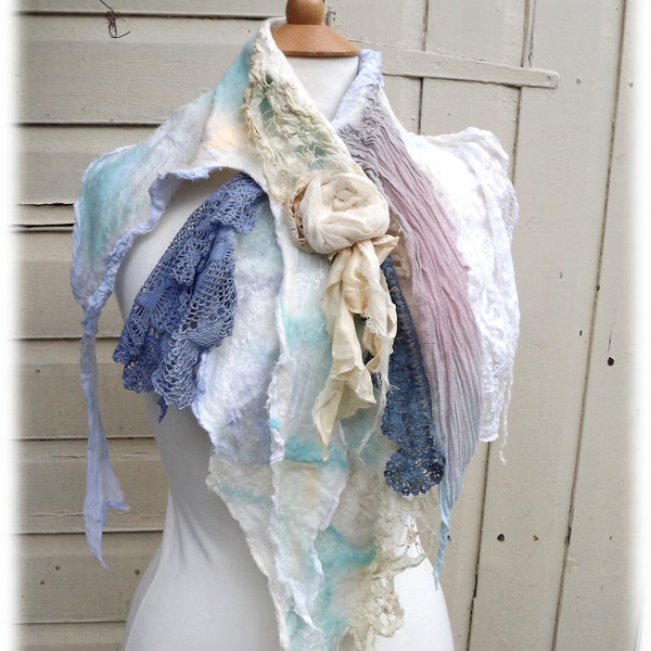 Blue and cream scarf-Tattered Fairy Scarf - Nuno Felt Wrap- - Faerie Scarf -summer scarf- vintage lace scarf