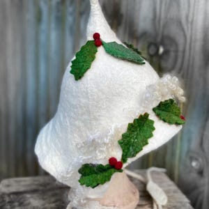Custom made Holly bonnet,wool hat, pixie hat, felt hat, felted bonnet, pixie hood, warm hat, womans hat, winter hat, festive