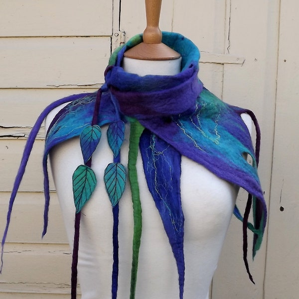 Peacock Pixie Cowl - rustic cowl - pixie scarf - leafy cowl