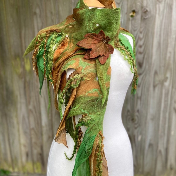 Custom made for you, custom made scarf, gift for her, brown scarf, green scarf, fairy, scarf, felted scarf, silk scarf, nuno felt