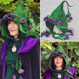 Custom made Purple Hood,Witches hat,flower hat, pixie hat, felt hat, fairycore,fantasy, womans hat, purple hat, Felted, floral
