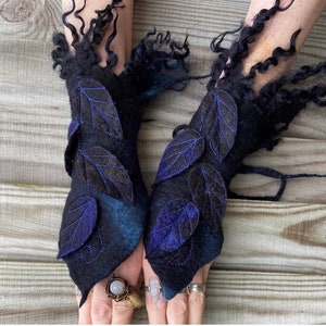 Handmade Felt Faerie Cuffs, Wool Arm Warmers, Raven Leaf Design