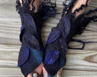 Handmade Felt Faerie Cuffs, Wool Arm Warmers, Raven Leaf Design