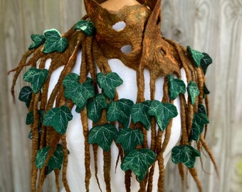 Custom Ivy Leaf scarf, brown scarf, winter scarf, larping, warm scarf, gift for her, boho, fairy clothing, felted woman's scarf