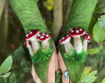 Toadstool gloves, gift for her, armwarmers, gauntlets, cuffs, fingerless gloves, wool mittens, fairyclothing, mushroom gloves