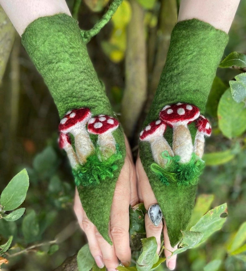 Toadstool gloves, gift for her, armwarmers, gauntlets, cuffs, fingerless gloves, wool mittens, fairyclothing, mushroom gloves image 1