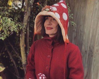 Hand Felted Merino Wool Toadstool Hood: Pixie Hat with Mushrooms
