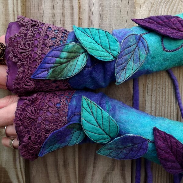 Peacock Fairy Cuffs Folkowl Cuffs - leaf cuffs -  Forest Cuffs - Faerie Cuffs - Vintage lace cuffs -