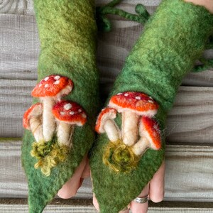 Toadstool gloves, gift for her, armwarmers, gauntlets, cuffs, fingerless gloves, wool mittens, fairyclothing, mushroom gloves image 4