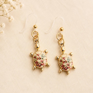 Floral Turtle Dangle Earrings | Gold-Tone Charm, Plastic Posts for Sensitive Ears