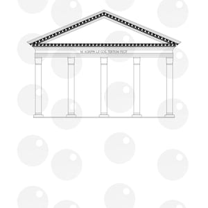 Könnte beinhalten: Schwarz-weiße Strichzeichnung eines klassischen Tempels mit dreieckigem Giebel und sechs Säulen. Der Text "M. AGRIPPA L.F. COS. TERTIUM FECIT" befindet sich über den Säulen. Der Hintergrund ist weiß mit verstreuten, hellgrauen Kreisen.