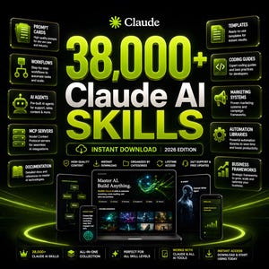 Könnte beinhalten: Eine digitale Grafik mit dem Text 38,000+ Claude AI SKILLS in großen grünen und weißen Buchstaben. Das Layout enthält verschiedene Symbole und Beschriftungen für Prompt-Karten, Workflows, KI-Agenten, MCP-Server, Dokumentationen, Vorlagen, Coding-Guides, Marketingsysteme, Automatisierungsbibliotheken und Business-Frameworks sowie einen Laptop und mobile Geräte mit Bildschirmoberflächen.