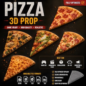 May include: A digital 3D prop collection featuring five distinct pizza slices with various toppings including pepperoni, mushrooms, and green sauce. The image includes text labels such as PIZZA 3D PROP, GAME READY, HIGH QUALITY, REALISTIC, and BEST FOR.