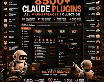 Puede incluir: Un gráfico digital con el texto 8500+ CLAUDE PLUGINS ALL MARKETPLACES COLLECTION. La imagen muestra una interfaz de panel de control, dos robots blancos y varios iconos que representan categorías como AI Agents, Databases y Web Automation.