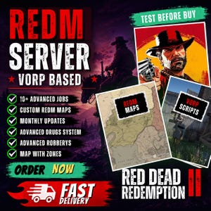 May include: A promotional graphic for a RedM server featuring a cowboy illustration, a game map, and a list of features including advanced jobs, custom maps, monthly updates, a drug system, and robberies. Text includes REDM SERVER VORP BASED.