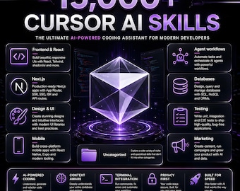 Puede incluir: Una infografía de color morado oscuro titulada 15,000+ CURSOR AI SKILLS con un cristal geométrico brillante en el centro. Enumera categorías como Frontend & React, Next.js, Design & UI, Mobile, Agent workflows, Databases, Testing y Marketing.