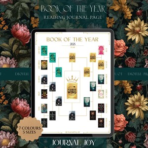 May include: A digital reading journal page titled "Book of the Year 2025" displayed on a tablet. The design features a floral background and a layout to track books read throughout the year. The text "Fourth Wing" is visible.