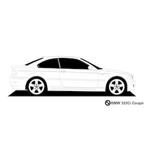 May include: Line drawing of a white BMW 325Ci Coupé. The car is depicted in profile, with blacked-out windows and a black base. The text "BMW 325Ci Coupé" is in the lower right corner.