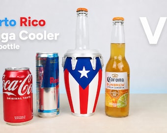 Enfriador de latas de cerveza y refrescos con forma de tambor de conga con la bandera de Puerto Rico, impreso en 3D.