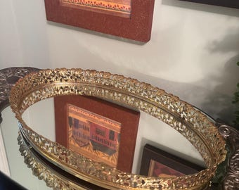 Vintage Hollywood Regency Gold-Tone Mirrored Vanity Tray w/ Filigree Details