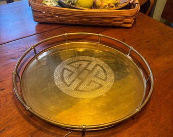 Vintage Brass Large 15.5" Decorative Tray with/ Etched Asian Chinoiserie Design