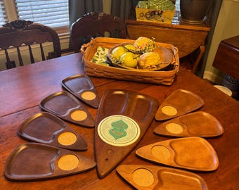Set of Vintage MCM Serv Wood Japanese Cheeseboard w/ Green Tile & 8 Wood Snack Trays w/ Cork Coasters
