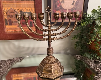 Vintage Ornate Brass Menorah w/ Star of David Detail
