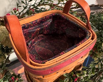 Vintage kleiner Longaberger Korb mit Paisley Innenfutter und Ledergriffen