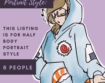 Retrato de anime personalizado, retrato de anime de dibujos animados lindo, ilustración, retrato familiar (medio cuerpo) OCHO PERSONAS
