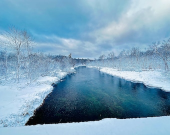 May include: A serene winter landscape featuring a river flowing through a snow-covered forest. The water is a deep blue-green, reflecting the overcast sky. Bare trees line the banks, dusted with snow, creating a tranquil, cold scene.