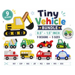 Puede incluir: Una colección de nueve diseños bordados de vehículos pequeños, que incluyen una excavadora amarilla, un camión de cemento, un camión volquete, un coche de carreras rojo, un tractor verde, una ambulancia, un autobús escolar, un camión de bomberos y un coche de policía. Los diseños miden de 1,27 cm a 3,81 cm.