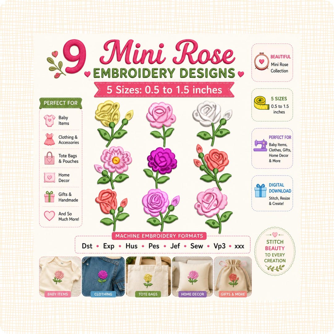 Mini Rose Bundle Embroidery Design Rose Flower Pattern Set, Pes 5 Sizes ...
