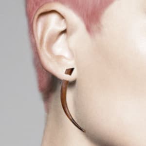 May include: A pair of brown horn earrings, one with a curved shape and the other with a straight, rectangular shape. The earrings are worn in the earlobe and helix piercing.