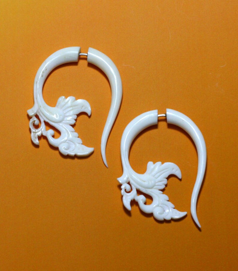 Fake Gauges, Garden Curls, Tribal Jewelry, Handmade, Split, Cheaters, Plug, Organic, Eco-Frendly, White Bone Earrings, B13 image 2