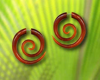 Large Amber Spiral Earrings, Fake Gauge Earrings, Rare Caramel Horn, Tribal Earrings, Fake Piercing,  Fake Plugs, SA4