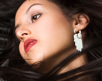 Fake Gauges, Bone Earrings, Handmade, Split, Organic, Cheaters, Tribal Jewelry, Plug, Eco Friendly - White Feather  - B12