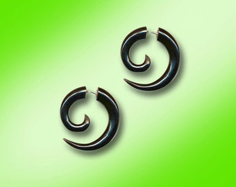 Fake Gauge Earrings, Small Spiral, Black Horn, Fake Gauge Earrings, Tribal Earrings, Tribal Earrings Organic, Plugs, BOHO, Cheaters - H26