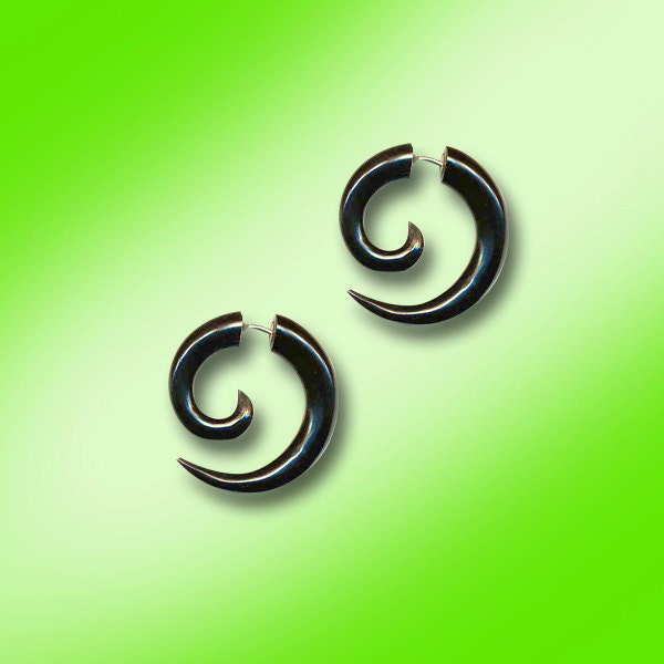 Fake Gauge Earrings, Small Spiral, Black Horn, Fake Gauge Earrings, Tribal Earrings, Tribal Earrings Organic, Plugs, BOHO, Cheaters - H26