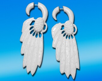 Tribal Wing Fake Gauges, White Feather, Tribal Earrings, Split Expanders, Bone Earrings, Eco-Friendly - B12