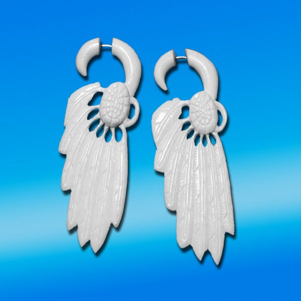 Tribal Wing Fake Gauges, White Feather, Tribal Earrings, Split Expanders, Bone Earrings, Eco-Friendly - B12