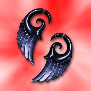 Angel Wing Fake Gauges, Dark Angel Wings, Tribal Earrings, Horn Earrings, Split Gauge, Tribal Jewelry, Expanders H20 image 3