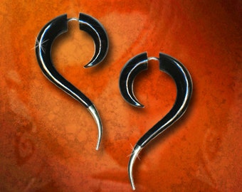 Silver Tail Dragon Spirals, Fake Gauges, Tribal Earrings, Split, Expanders, Organic, Cheaters, Black Horn Earrings - H27