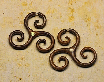 Tri-Spiral Fake Gauge - Tribal Tri-Spiral -  Tropical Wood - Mother of Pearl Inlay