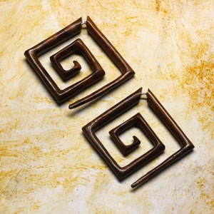 Large Square Spirals, Fake Gauge Earrings, Handmade, Cheaters, Organic, Plugs, Split, Tribal Jewelry, Tropical Wood Carving W8 image 2