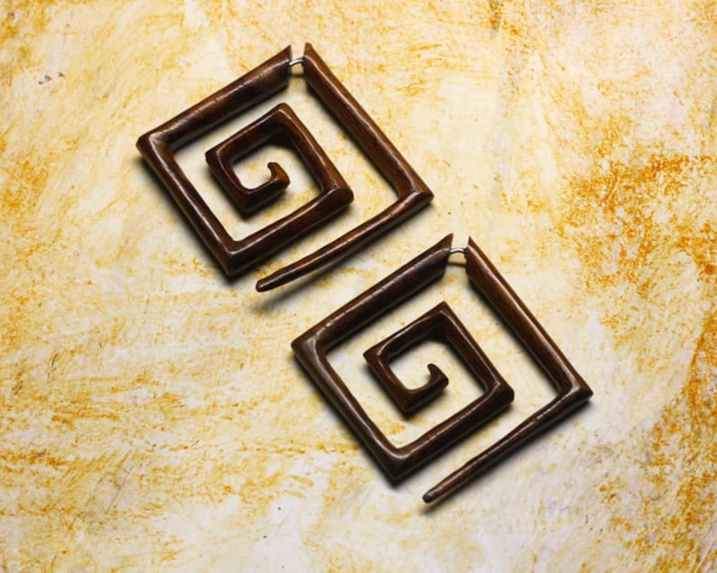 Large Square Spirals, Fake Gauge Earrings, Handmade, Cheaters, Organic, Plugs, Split, Tribal Jewelry, Tropical Wood Carving W8 image 2