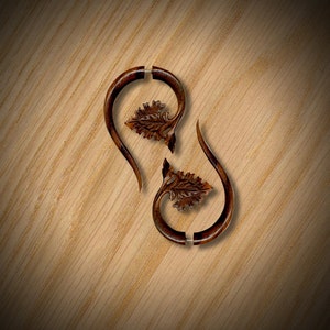 Fake Gauge Earrings Grape Leaf Drop Tropical Wood, Tribal Earrings, Handmade, Split, Cheaters, Organic, Plugs, Eco Friendly W13 image 1